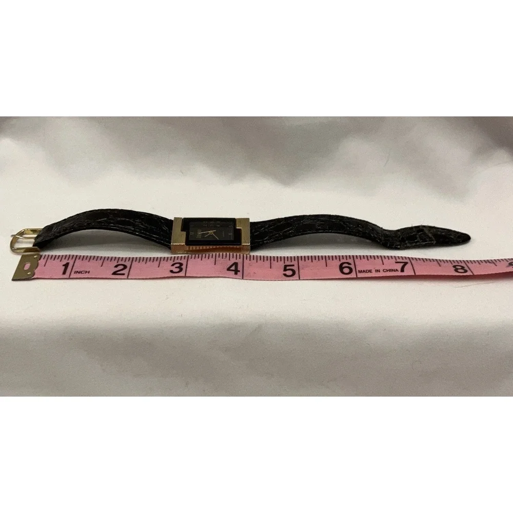 Amstar VTG Gold Tone Watch Face Black Leather Embossed Band Art Deco Retro Works